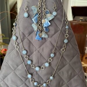 Blue Multi-Strand Statement Necklace with Earrings + Blue and Silver Bracelet